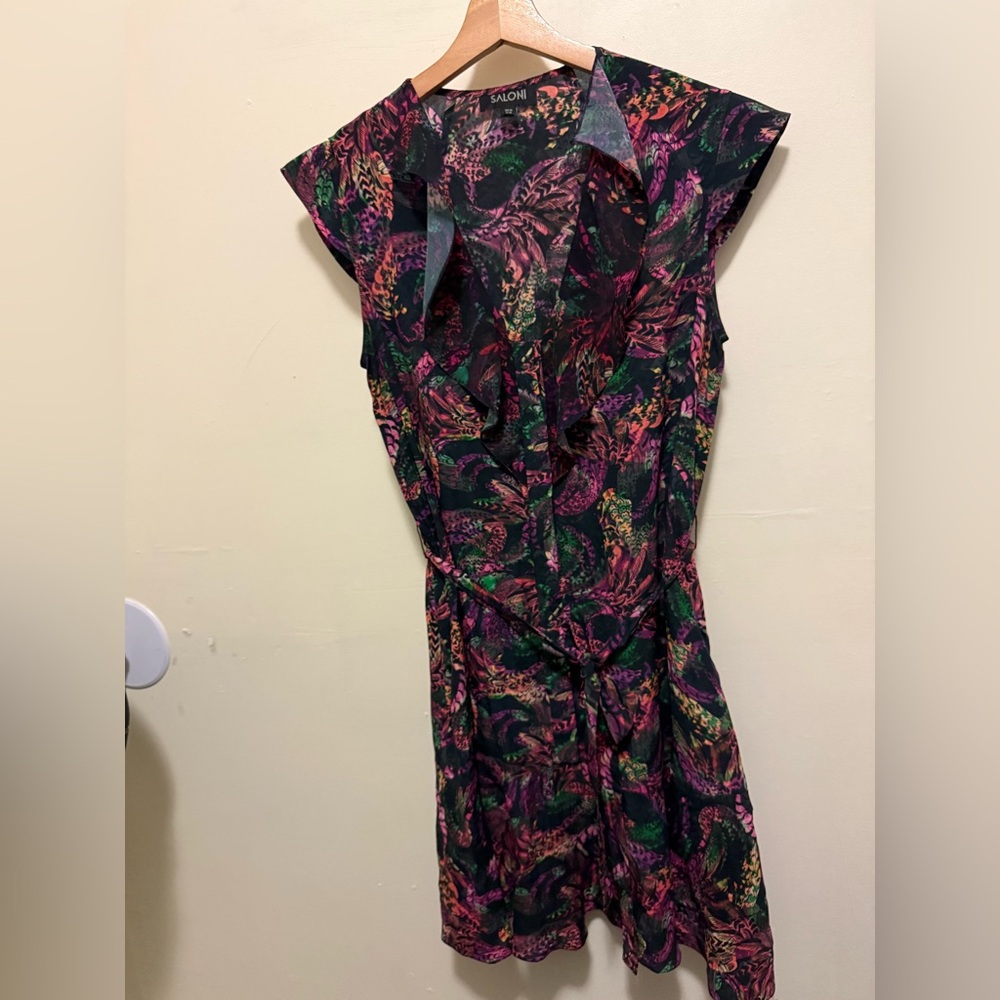 Saloni Rainbow Seagrass Fleur Ruffle Floral Tie Belt Silk Dress- Size 6